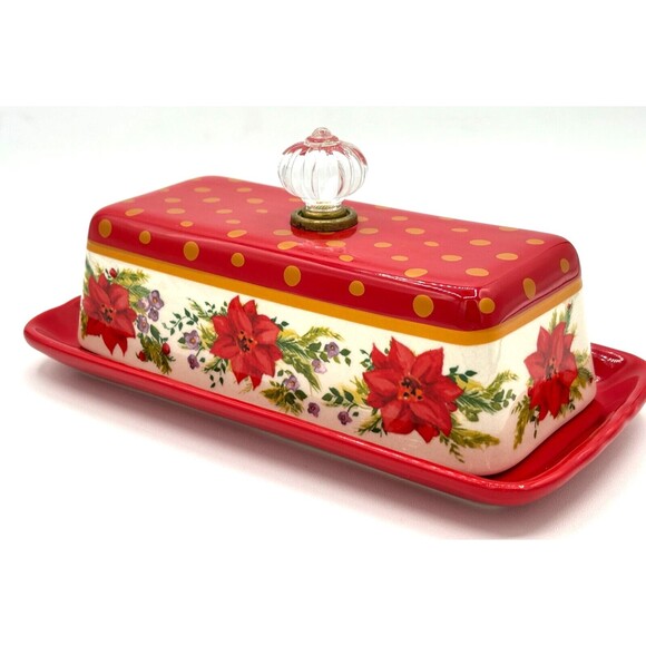 Pioneer Woman Holiday Cheer Red Gold Poinsettias Stoneware Covered Butter Dish - Picture 16 of 16